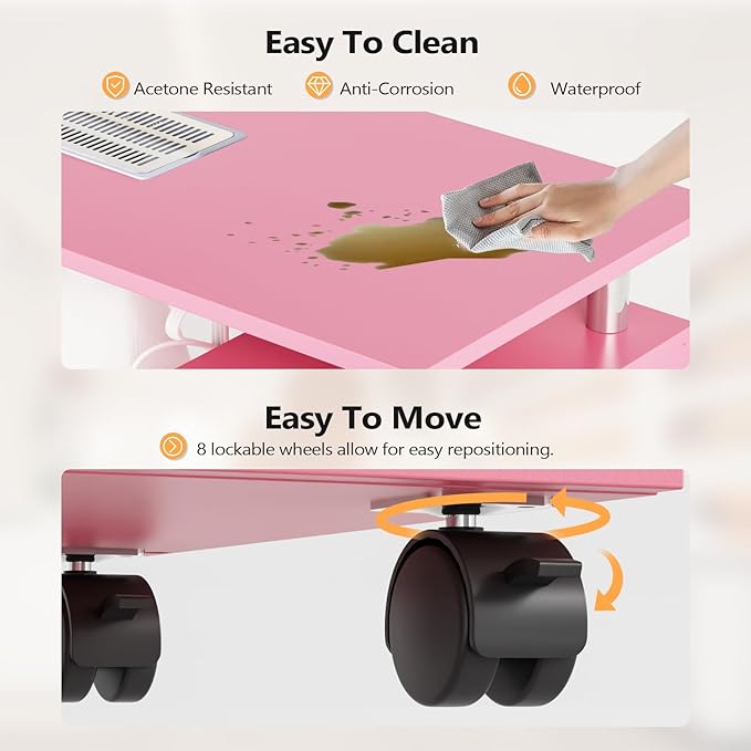 OmySalon Nail Desk and Chair Set, Manicure Table with Dust Collector, Arm Rest, 8 Wheels, Acetone Resistant Desktop, Drawers & Cabinet Storage for Makeup Beauty Salon (Pink)