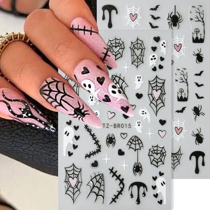 6Pcs Halloween Nail Stickers 3D Spider Web Nail Decals Ghost DIY Self Adhesive Spider Ghost Heart Nail Design Sticker Halloween Nail Decoration Supplies Holiday Manicure Accessories for Women Girls