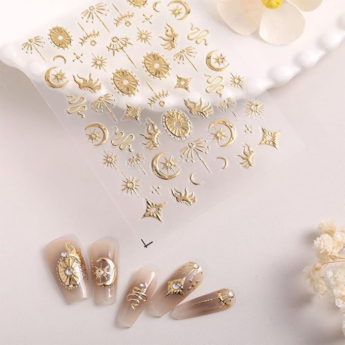 3D Celestial Nail Art Stickers, Gold and Silver Moon Star Design, Self-Adhesive Decals for DIY Nail Decoration, 2 Sheets
