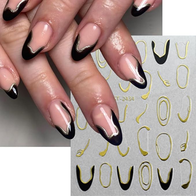 6Sheets Heart Nail Stickers French Tips Nail Art Stickers Letter Nail Decals Gold Black Bronzing Hollow Design 3D Self Adhesive Nail Sticker for Nail Art Decoration Salon Manicure Supplies for Women