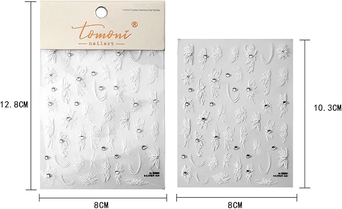 2 Sheets White Flower Nail Art Stickers 5D Embossed Nail Decals Self-Adhesive Diamond Flower Nail Stickers White Feather Lace Snowflake Design Suitable for Women Girls Nail Art Decoration