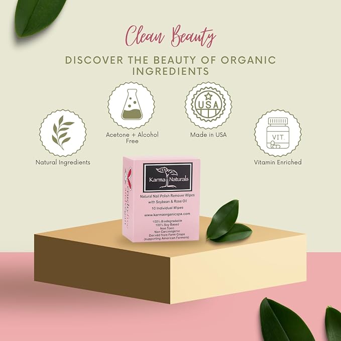 Karma Organic Natural Nail Polish Remover Wipes with Soybean and Rose Oil, 100% Soy Based, Non-Toxic, Vegan, Cruelty-Free – Pack of 10