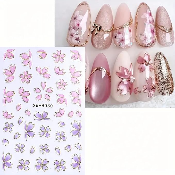 Flower Nail Stickers 3D Elegant Floral Nail Art Decal 6PCS 3D Self-Adhesive Japanese Style Colored Flowers Petals Nail Decals Flower Manicure Stickers Supply for Summer Fall DIY Nail Art Decorations