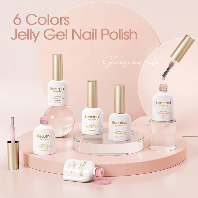 Beautpal Nude Gel Polish Set Milky Nude Sheer Pink Jelly Gel Polish Nail Kit Soak Off UV Translucent Nail Polish Gel 6PCS 8ml J03
