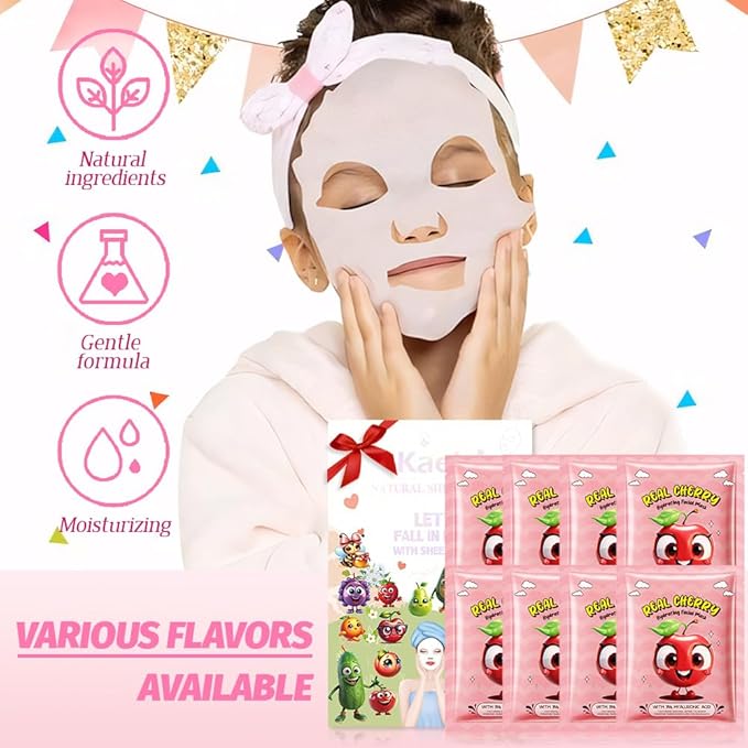 8 PCS Real Hydrating Nature Face Masks Skincare, Hyaluronic Acid, Vitamin C and E, Chamomile, Korean Beauty Essence Facial Paper Sheet Mask for Skin Care Moisturizing (Cherry)