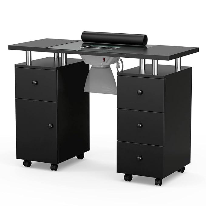 Paddie Manicure Table, Glass Top Nail Makeup Desk Table Station for Tech w/Electric Downdraft Vent, Wrist Cushion, Lockable Wheels, Storage Drawers, Wooden Handles (Black)