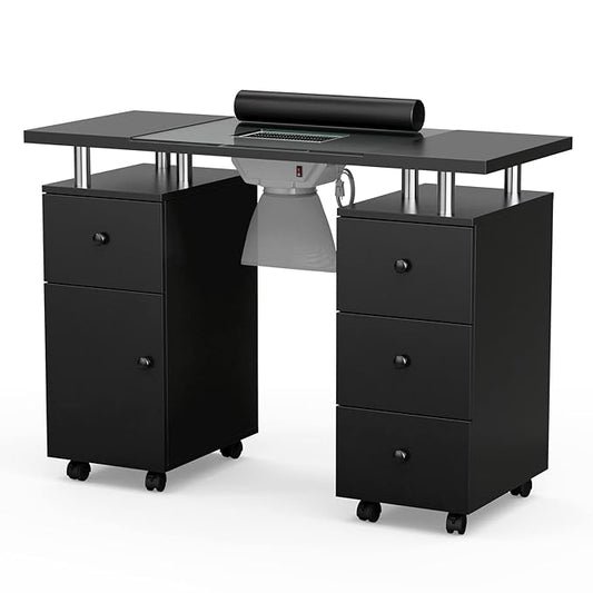 Paddie Manicure Table, Glass Top Nail Makeup Desk Table Station for Tech w/Electric Downdraft Vent, Wrist Cushion, Lockable Wheels, Storage Drawers, Wooden Handles (Black)