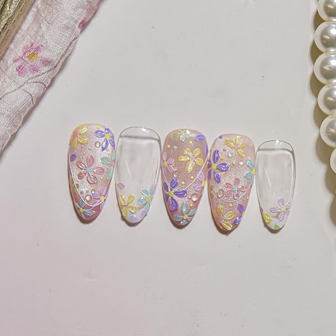 1 Sheet Colorful Flower Nail Stickers, 5D Embossed Self-Adhesive Nail Decals, Summer Glossy Floral Nail Design Stickers for Women DIY Spring Floral Manicure Decoration Supplies