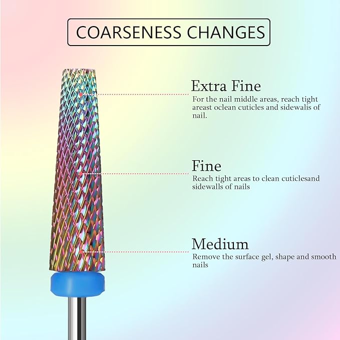 Super Long 5 in 1 Nail Drill Bits, Professional 3/32'' Carbide Tungsten Two Way Rotary Nail Cleaner Nail Bits, Suitable for Manicure Pedicure Cuticle Gel Polishing Acrylic Nails(Rainbow, Medium-M)
