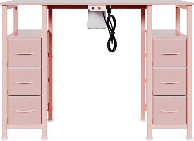 Manicure Table Nail Desk for Nail Tech, Nail Beauty Table w/Electric Dust Collector & 6 Storage Drawers & Open Shelves for Home, Workshop, Makeup Beauty Salon Workstation