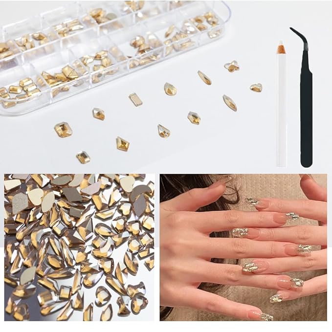 2680Pcs Champagne Gold Nails Rhinestones, 120Pcs Big Golden Nail Charms, Diamond Gems Stones with K9 Bling Flatback Round Beads, Clear Glass Crystal Jewelry for Nails Faces Eyes Makeup Decoration