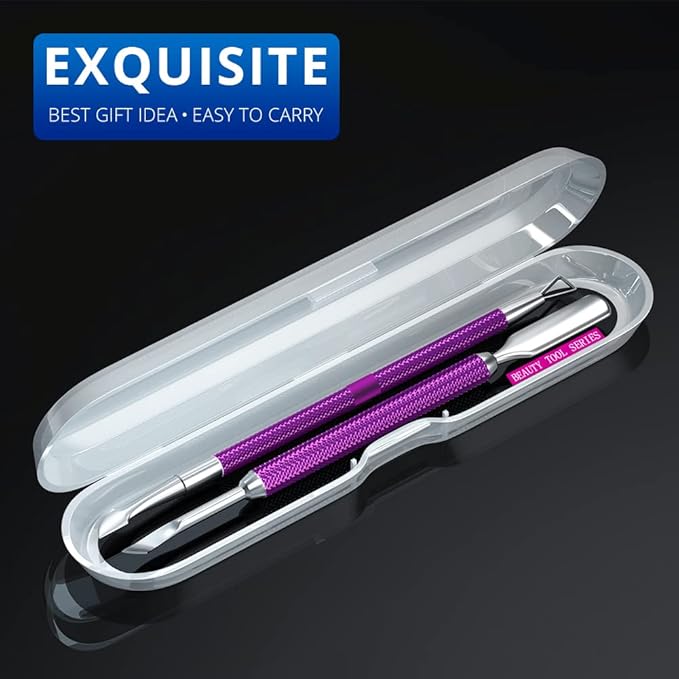 2PCS Metal Deep Purple Cuticle Pusher and Cutter Remover Salon Quality Stainless Steel Gel Nail Polish Peeler Scraper Durable Manicure and Pedicure Cleaner Tool For Fingernail and Toenail