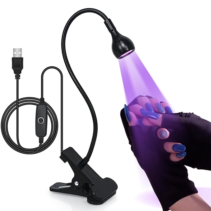 AORAEM UV LED Nail Lamp with UV Protection Gloves, 3W LED Nail Manicure Dryer Curing Light with Gooseneck and Clamp Portable Flash Cure Lamps for Gel Nails Home DIY Professional, Black