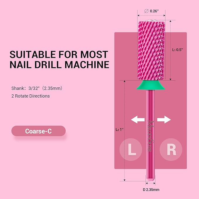 MelodySusie Large Barrel 3/32'' Tungsten Carbide Nail Drill Bit, Crystal Top Pink Heart Shape, Fast Remove Acrylic Gel, Cuticle Gel Polishing for Manicure Pedicure, Pink Blossom, Series Bit-S, Coarse