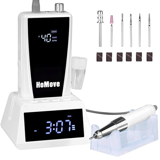 Nail Drill Professional, 40000RPM Rechargeable Electric Nail Drill with Corelss Motor, HoMove Cordless Nail Efile with Clock Power Dock for Acrylic Gel Nails Remove, Low Noise Low Vibration