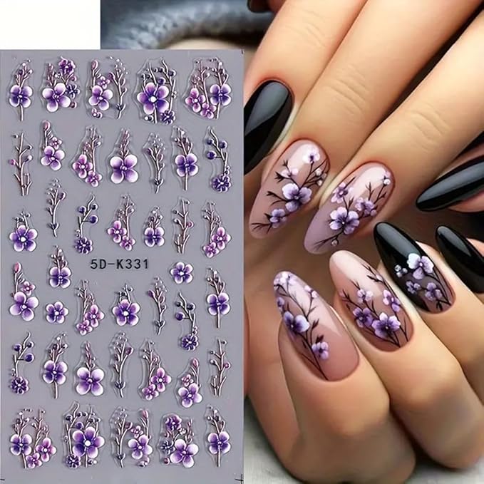 5D Embossed Branch Flowers Spring Nail Art Stickers Purple Flower Nail Stickers Colorful Floral Nail Decals 3 Sheets Flowers and Plants Nail Designs for Women Girls DIY Nail Art Supplies