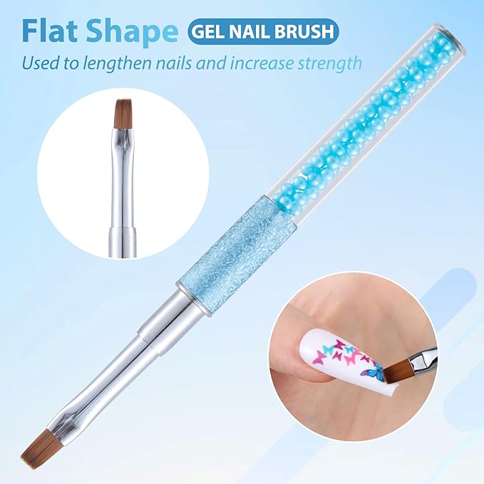 Pearl Blue Nail Art Clean Up Brushes for Cleaning Polish Mistakes on the Cuticles, Acetone Resistant Nail Brush, Fingernail Cleaning Brushes for Nail Art and Designs (Round&flat&Bevel)