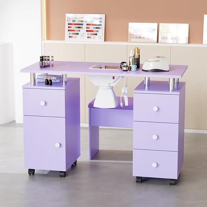 OmySalon Nail Desk and Chair Set, Manicure Table with Dust Collector, Arm Rest, 8 Wheels, Acetone Resistant Desktop, Drawers & Cabinet Storage for Makeup Beauty Salon (Lavender)
