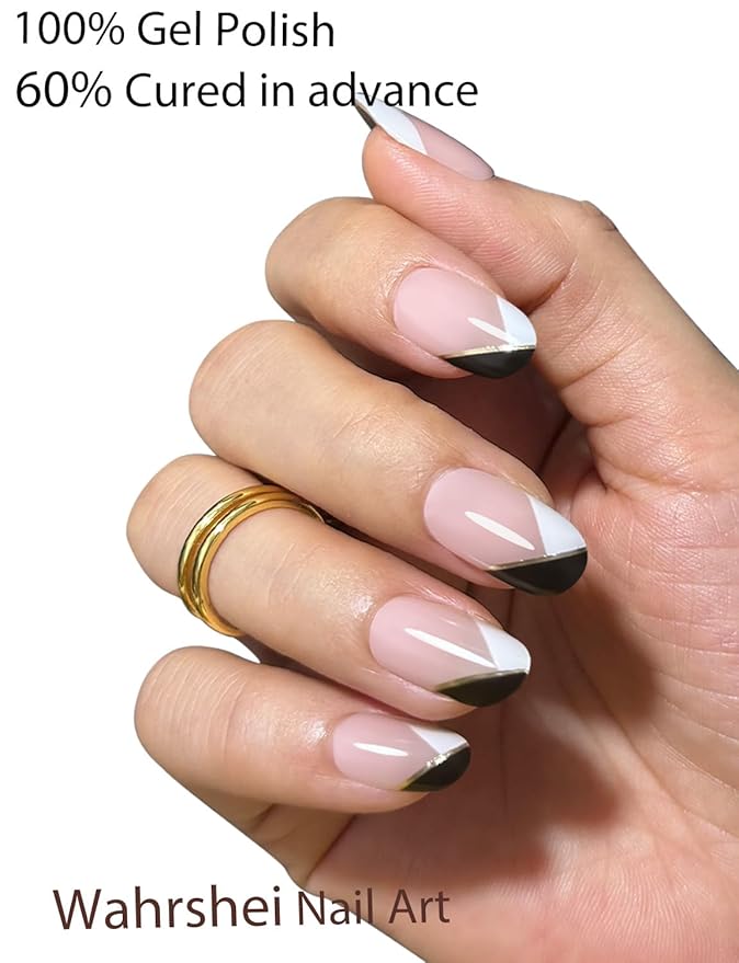 Semi Cured Gel Nail Strips, Irregular French, Black, White 20pcs Gel Nails Sticker UV for Home Nails DIY