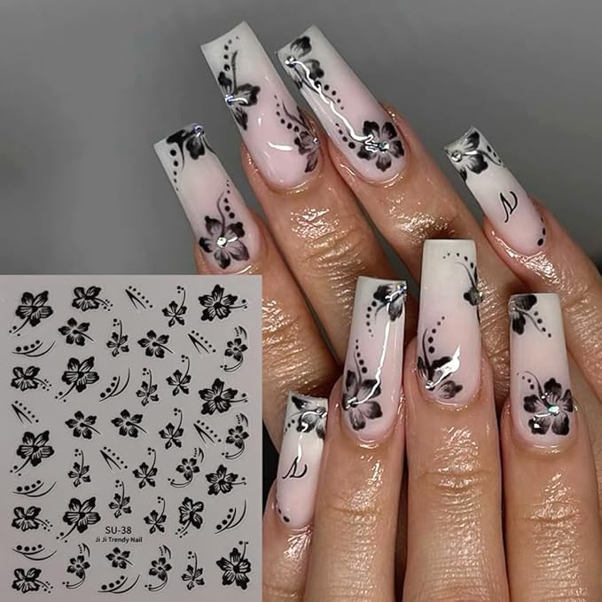 6 Sheets Flower Nail Stickers, Hibiscus 3D Self-Adhesive Nail Decals Blue Yellow White Pink Gold Floral Petal Tropical Leaf Designs DIY Manicure Supplies for Women Girls