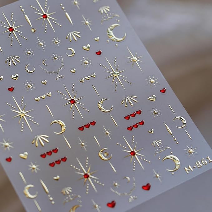 Star Moon Nail Art Stickers Decals 5D Gold Bronzing Embossed Nail Stickers 1PCS Red Heart Star Moon Luxury Nails Design Jelly Nails Adhesive Decals Manicure Supply for Women DIY Nail Art Decorations