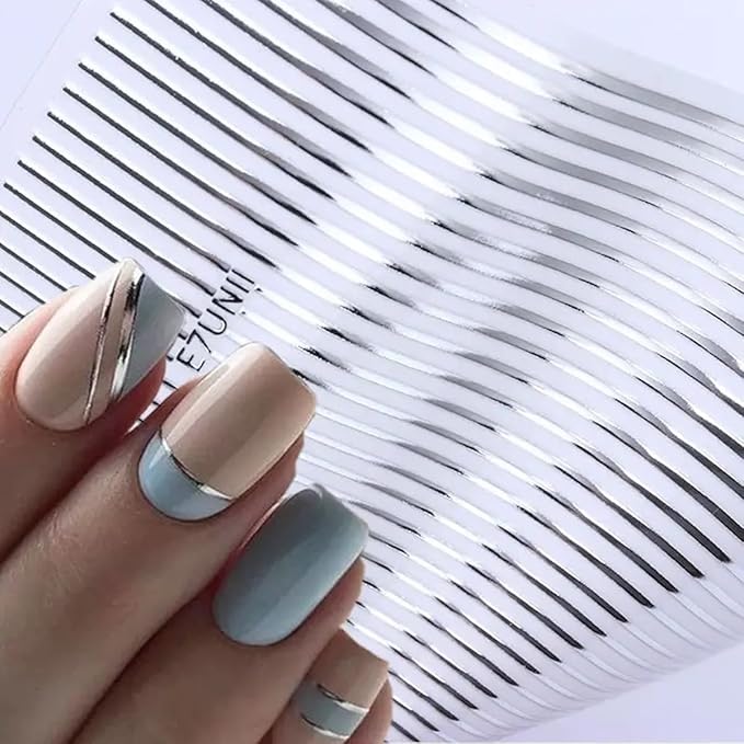 Gold Silver Lines Stripe Nail Art Sticker Decals 3D Metal Strip French Design Nail Decals Self-Adhesive Nail Art Supplies Colored Geometric Waved Manicure Slider for Women DIY Nail Art Decoration Kits