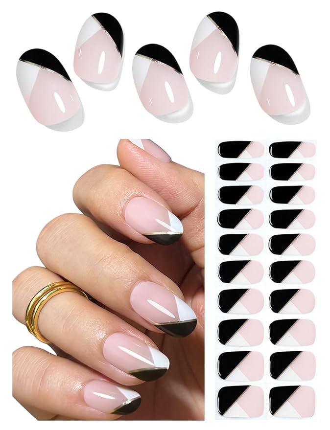 Semi Cured Gel Nail Strips, Irregular French, Black, White 20pcs Gel Nails Sticker UV for Home Nails DIY
