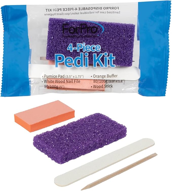 ForPro 4-Piece Pedi Kit, 200-Count, Individually-Packed Pedicure Set, Purple Pumice Pad, White Wood Nail File 80/100 Grit, Orange Mini Buffer 80/100 Grit, Wood Stick