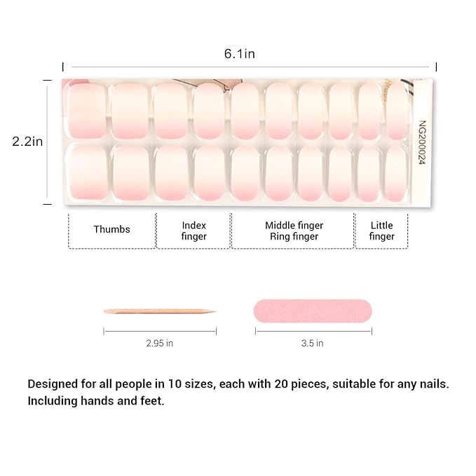 Semi Cured Gel Nail Strips, 20pcs Real Nail Polish Art Stickers, Gradient Pink Gel Nail Stickers - Work with Any UV Lamp, Long Lasting Full Wraps with Nails File and Stick