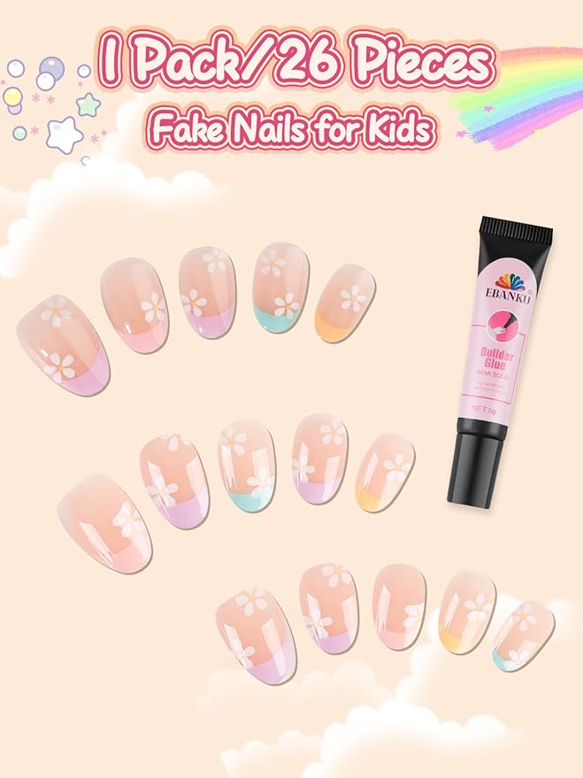 EBANKU 26 Pcs Press on Nails for Girls, Flower Fake Nails for Kids 5-12 Years False Nails Kit with Nail Glue, Short Full Cover Nails Tip for Child
