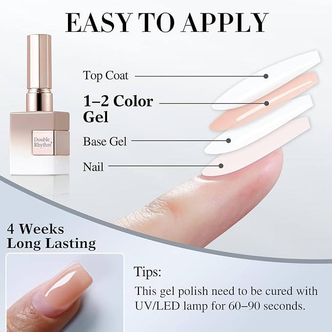 Double Rhythm Gel Polish 15ML Jelly Sheer Pastel Light Milky Color Pearl White Bottle 1 PC 0.5 OZ Full Size Nail Art Salon at Home (Nude-D1358)