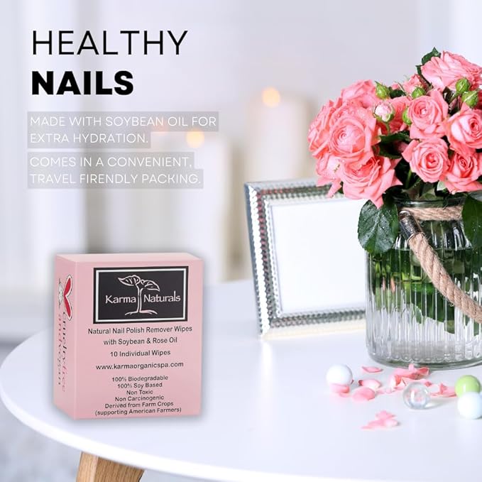 Karma Organic Natural Nail Polish Remover Wipes with Soybean and Rose Oil, 100% Soy Based, Non-Toxic, Vegan, Cruelty-Free – Pack of 10