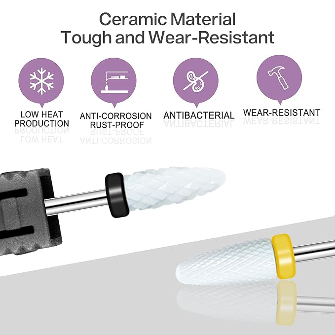 8 Pcs Ceramic Nail Drill Bits Set with Holder for Electric Nail File Manicure Pedicure Acrylic Gel Polishing - 5 Sizes 3/32'' (2.35mm) Corn Head + Flame Top, Cuticle Bits, Cleaning Brush