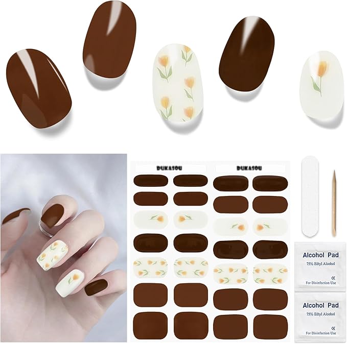 Semi Cured Gel Nail Strips, 28 pcs UV Gel Nail Stickers Full Nails Wraps for Women Home DIY Nails Art, UV Light Required(Tulip)