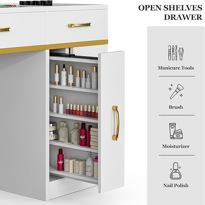 Paddie Manicure Table with Dust Collector, Glass Top Nail Tech Table Nail Desk Station w/7 Storage Drawers & 3-Tiers Open Shelves, Nail Beauty Workstation w/Wrist Cushion & Golden Handles(White Color)