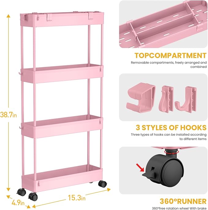 Slim Storage Cart 4 Tier, Bathroom Organizer Rolling Utility, Mobile Shelving - Image 3