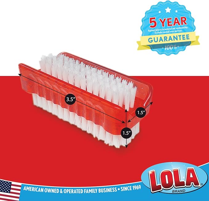 LOLA Classic Hand & Nail Brush, 2 Sided - 3 Pack, Soft & Stiff, Long-Lasting, Comfortable No-Slip Grip, Cleans Hands & Fingernails, Red