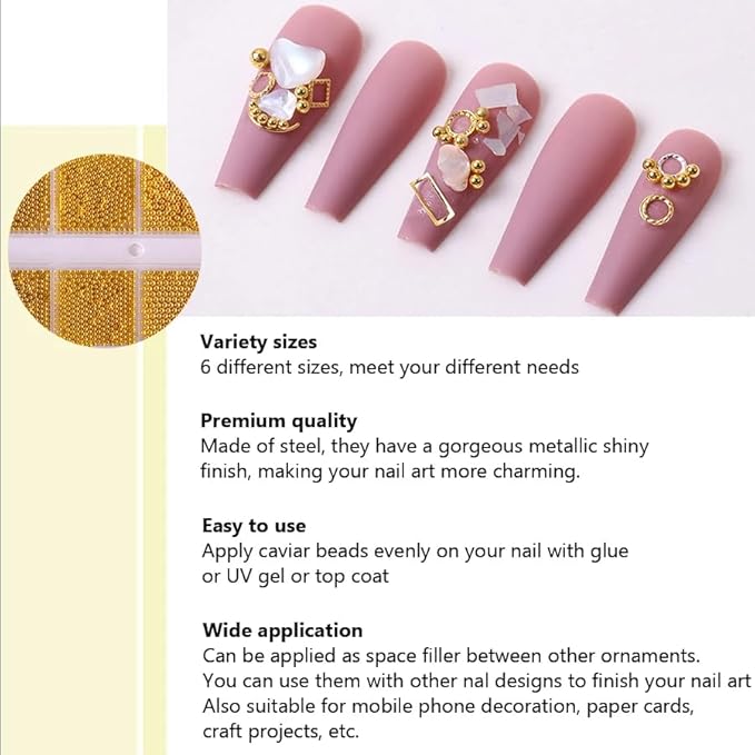 0.8mm Gold Nail Charms Caviar Beads for Nails 6 Sizes Mini Small Stainless Steel Beads Nails Art Decorations Gun Grey DIY Tool Nail Studs Accessories Gold Charms for Nails (Light Gold)