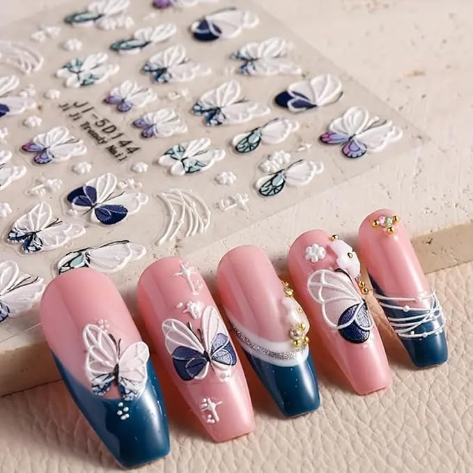3Pcs Flower Nail Art Stickers Decals 5D Pink Flowers Nail Stickers Spring Relief Blue Butterfly Design Nails Art Decals for Decorations Flower Stickers for Nails Manicure Sliders for Women