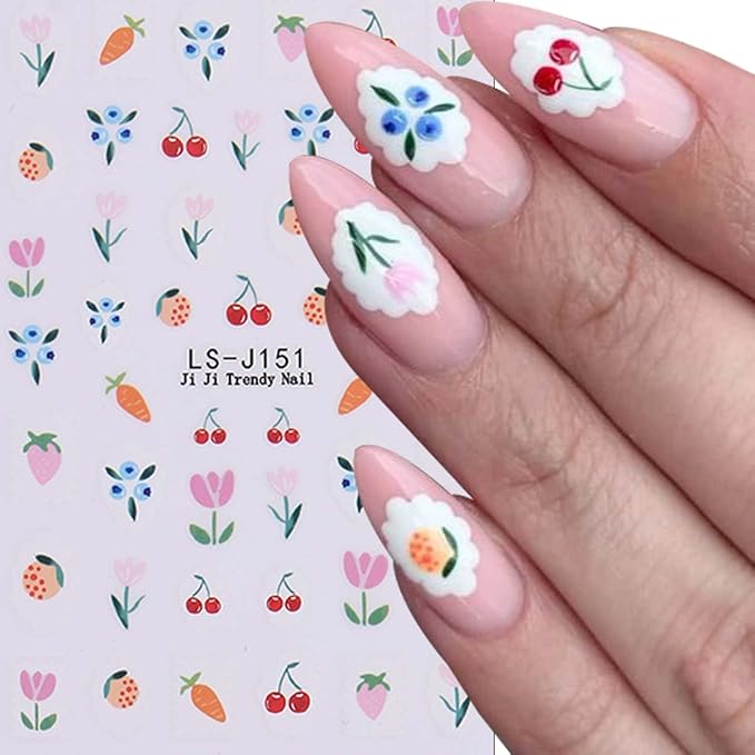 6Pcs Summer Flower Nail Stickers 3D Self Adhesive Fruit Nail Decals Cute Daisy Strawberry Tulip Blueberry Cherry Design Summer Nail Art Stickers Fruit Floral Nail Art Supplies for Women Manicure Decor