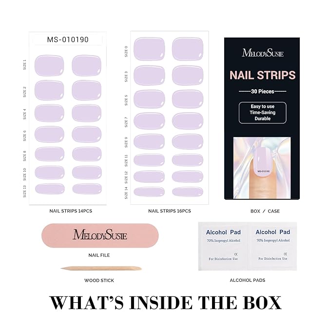 MelodySusie 30PCS Semi Cured Gel Nail Strips (Creamy Purple), Works with Nail lamp, Salon Quality, Long Lasting, Easy to Apply and Remove - Includes 2 Prep Pads, Nail File and Wooden Stick