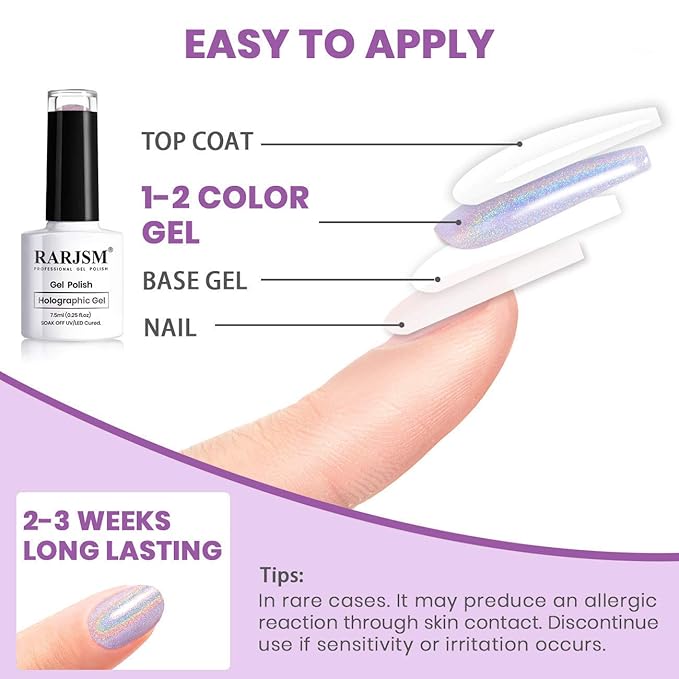 RARJSM Holographic Nail Polish Violet Purple Gel Polish Shimmers Shiny Nail Gel Spring Summer Hologram Gel Nail Polish UV LED Lamp Cured for Nail Slaon Home Manicure