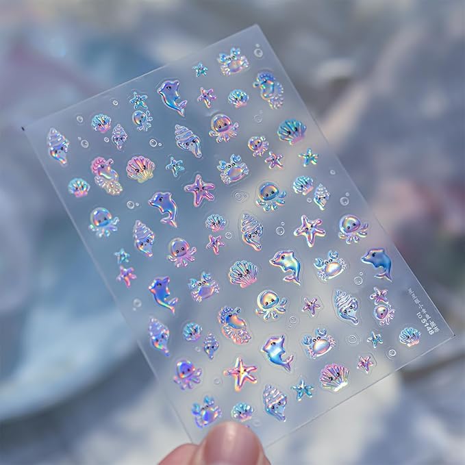 Summer Nail Art Stickers 5D Jelly Embossed Conch Shell Nail Decals Cute Jellyfish Crab Dolphin Starfish Nail Stickers Blue Ocean Animal Nail Supplies for Women Manicure Decoration 1 Sheets
