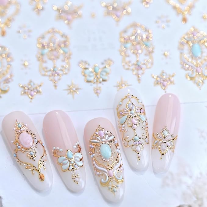 5D Embossed Gem Nail Sticker Luxury Gold Jewelry Nail Art Stickers Self Adhesive Nail Decals Pink Diamond Nail Art for Women Girls Manicure Supplies Nails Art Decorations