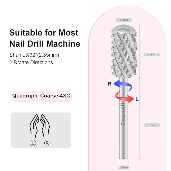 3/32" Large Barrel Smooth Round Top Tungsten Carbide Nail Drill Bit Safety Bit for Gel & Acrylic Removal, 2-Way Rotating Efile Tip, Salon Electric File Accessory (4XC Grit, Silver)