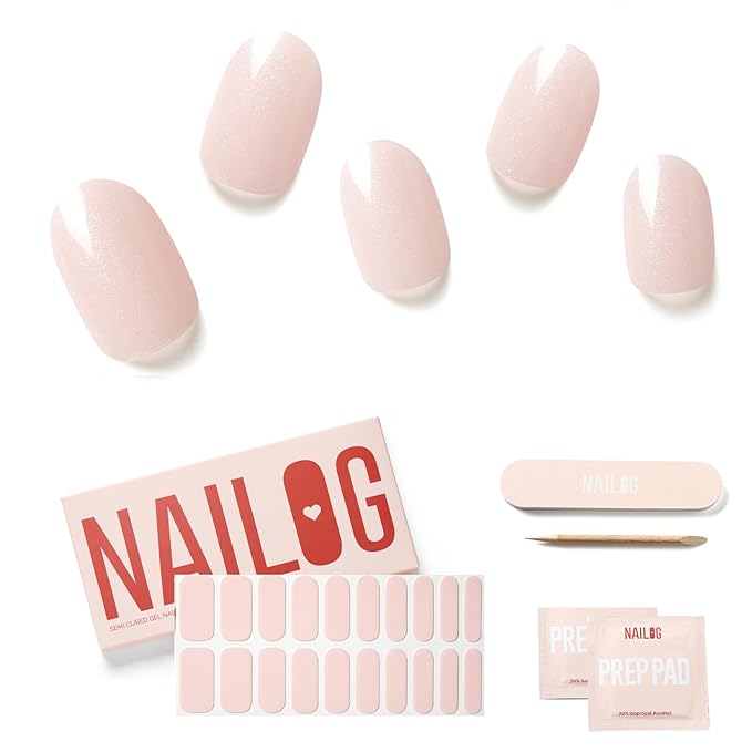 NAILOG 20 Pcs Clear Glitter Pink Gel Nail Strips - Extra Long Nail Wraps with Glossy Gel Finishing for Spring Summer, Fairy Dust