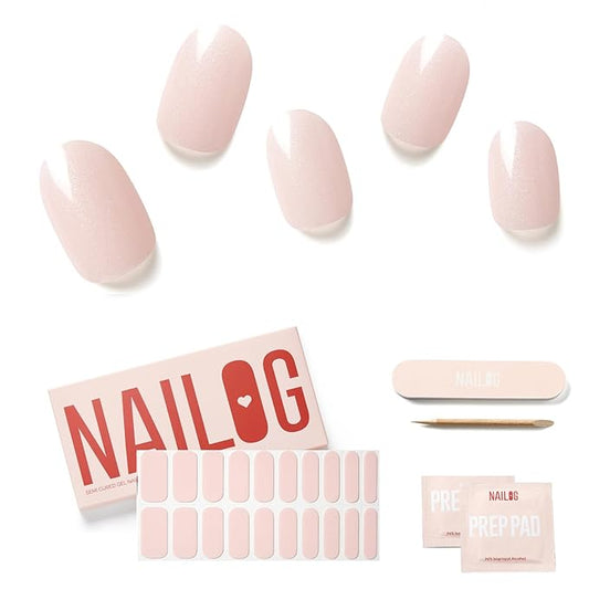 NAILOG 20 Pcs Clear Glitter Pink Gel Nail Strips - Extra Long Nail Wraps with Glossy Gel Finishing for Spring Summer, Fairy Dust