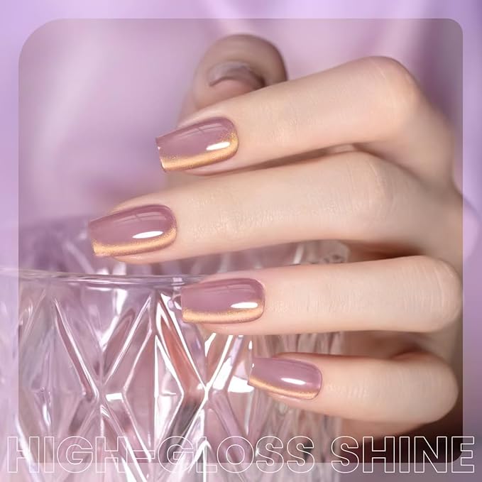 RARJSM Ice Glass Cat Eye Gel Nail Polish Light Dark Violet Purple Gold Velvet Cateye Glitter Translucent Sheer Color Gel Polish with Magnet Stick 15ml UV LED Curing Requires Soak Off Home Salon