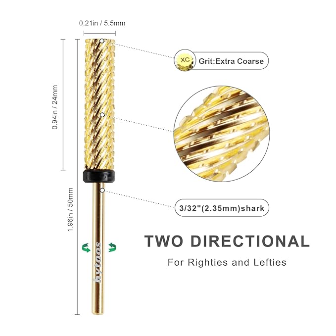 Super Long Nail Drill Bits, 24mm Gold Flat Top Barrel Carbide Nail Bit, 3/32" Two-way Rotate Drill Bits for Nails, Electric Drill Accessories, Remove Acrylic Nail Art Gel, XC