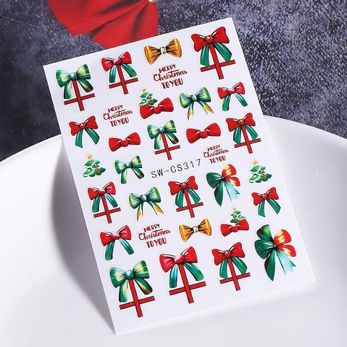 4 Sheets Christmas Nail Stickers for Nail Art WLGDLH 3D Self Adhesive Red Green Bow Nail Art Stickers Light Ball Gift Nail Decals Xmas Tree Nail Supplies for Women DIY Christmas Decorations